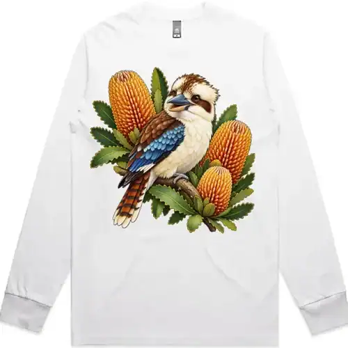 Kookaburra with Golden Banksia printed on a white Long Sleeve T-Shirt, design by Australia Art Prints