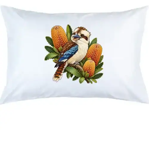 Kookaburra with Golden Banksia printed on a white Pillow Case, design by Australia Art Prints