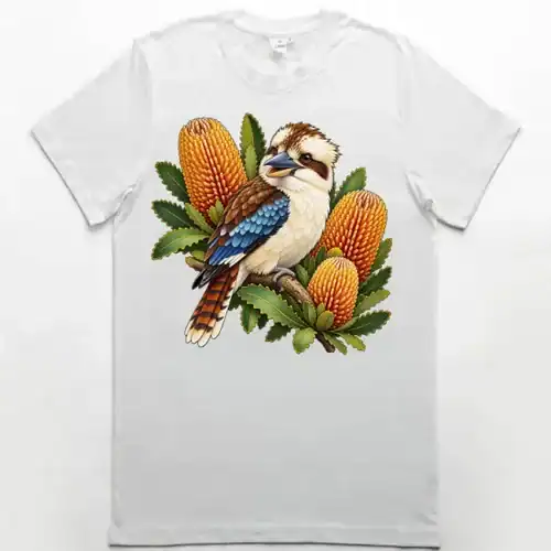 Kookaburra with Golden Banksia printed on a white Premium Men’s T-Shirt, design by Australia Art Prints