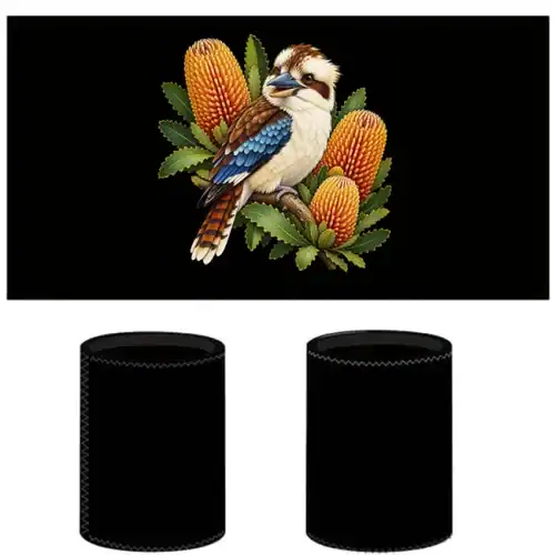 Kookaburra with Golden Banksia printed on a black Stubby Holder, design by Australia Art Prints