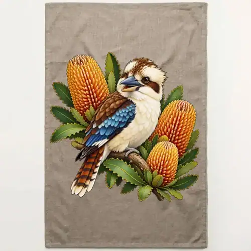 Kookaburra with Golden Banksia printed on a flax Tea Towel, design by Australia Art Prints