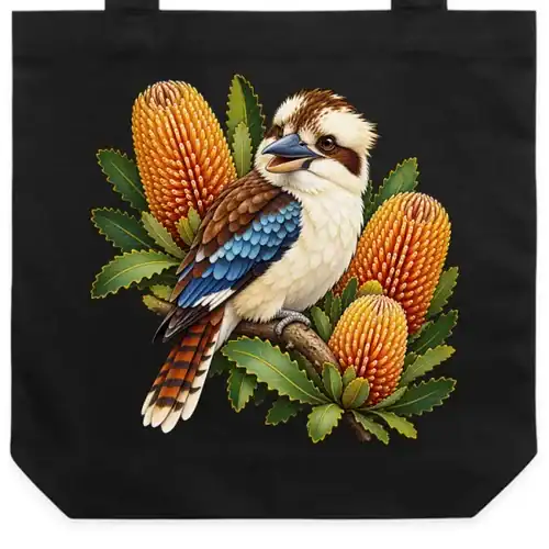 Kookaburra with Golden Banksia printed on a black Tote Bag, design by Australia Art Prints