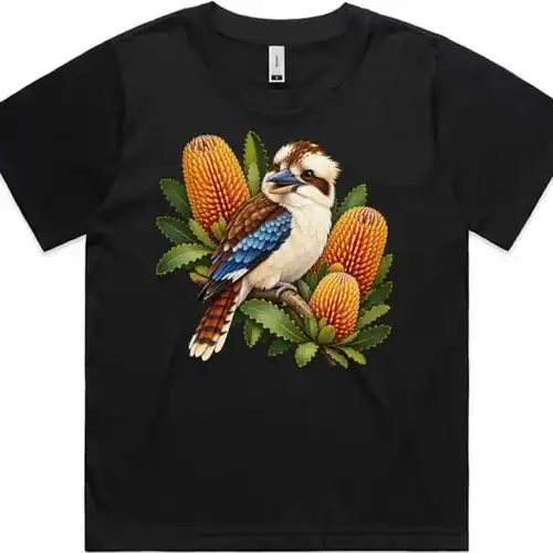 Kookaburra with Golden Banksia printed on a black Women’s Fitted T-Shirt, design by Australia Art Prints