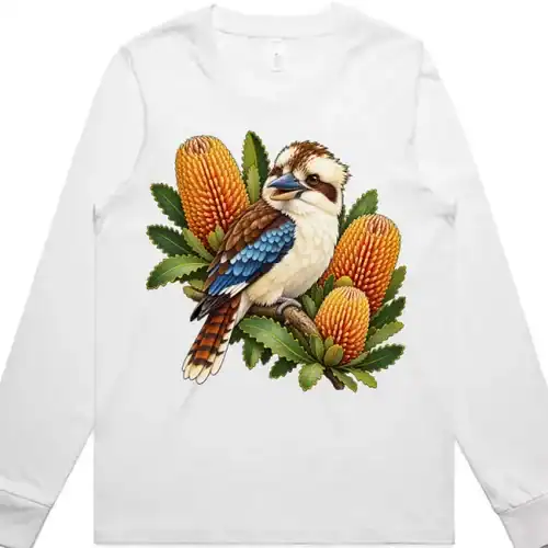 Kookaburra with Golden Banksia printed on a white Women’s Long Sleeve T-Shirt, design by Australia Art Prints