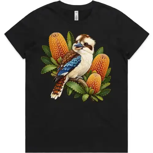 Kookaburra with Golden Banksia printed on a black Women’s T-Shirt, design by Australia Art Prints