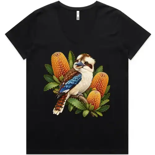 Kookaburra with Golden Banksia printed on a black Women’s V-Neck T-Shirt, design by Australia Art Prints