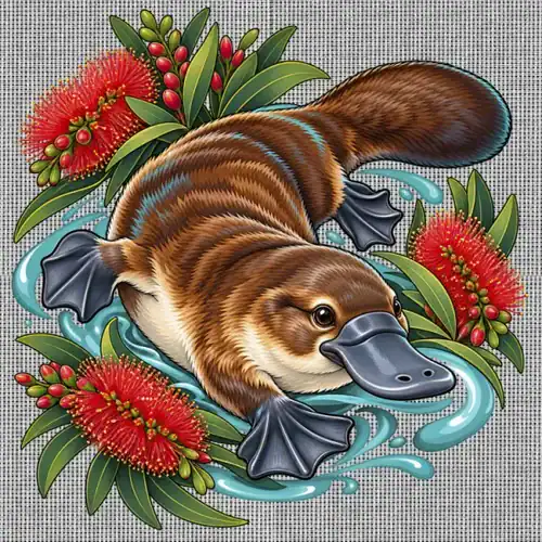 Platypus Among Bottlebrush printed on a white Cross Stitch Canvas, design by Australia Art Prints