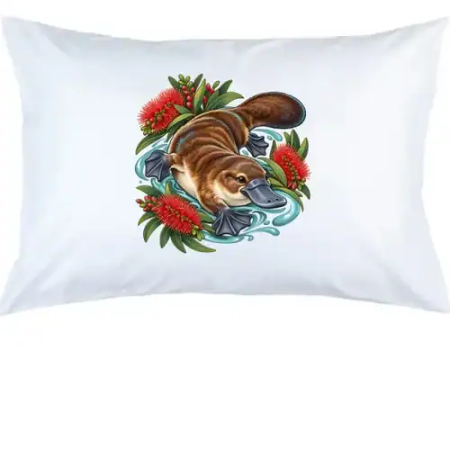 Platypus Among Bottlebrush printed on a white Pillow Case, design by Australia Art Prints