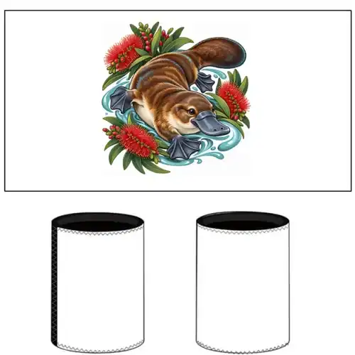 Platypus Among Bottlebrush printed on a white Stubby Holder, design by Australia Art Prints