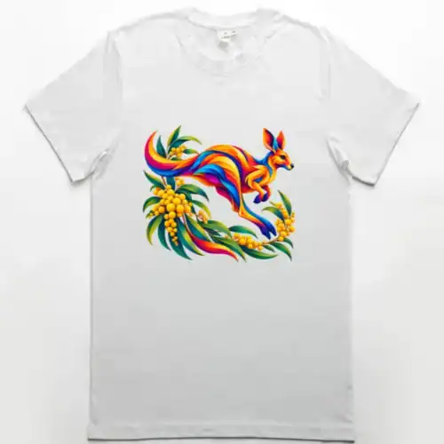 Kangaroo with Eucalyptus and Wattle printed on a white Premium Men’s T-Shirt, design by Australia Art Prints