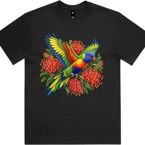 Black boxy T-shirt printed with a rainbow lorikeet among red grevillea flowers