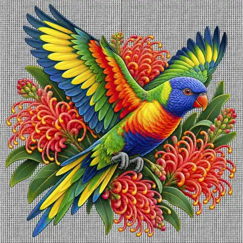 Rainbow Lorikeet with Grevillea printed on a white Cross Stitch Canvas, design by Australia Art Prints