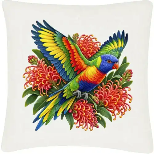 Rainbow Lorikeet with Grevillea printed on an off white Cushion Cover, design by Australia Art Prints