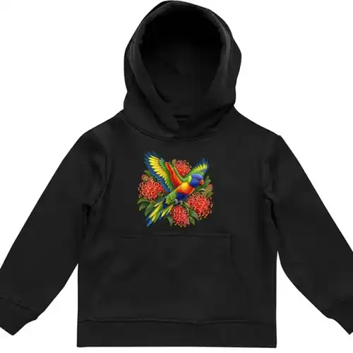 Rainbow Lorikeet with Grevillea printed on a black Kids Hoodie, design by Australia Art Prints