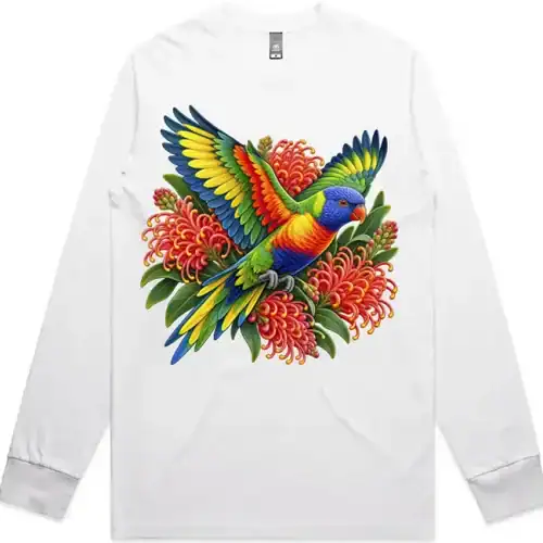Rainbow Lorikeet with Grevillea printed on a white Long Sleeve T-Shirt, design by Australia Art Prints