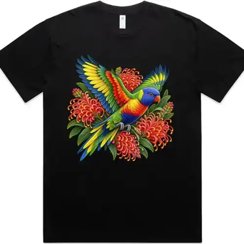 Rainbow Lorikeet with Grevillea printed on a black Oversized T-Shirt, design by Australia Art Prints