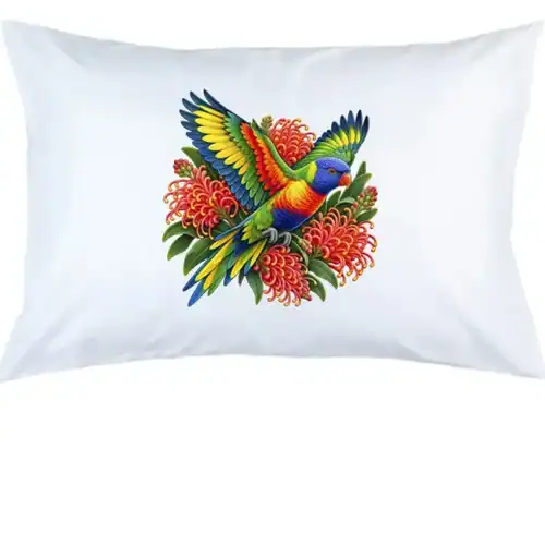 Rainbow Lorikeet with Grevillea printed on a white Pillow Case, design by Australia Art Prints