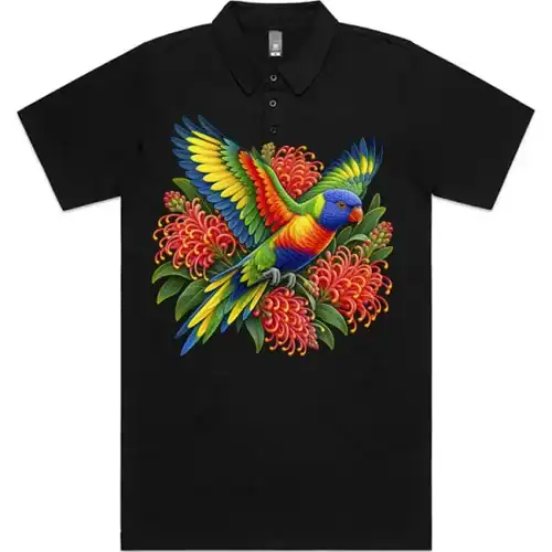 Rainbow Lorikeet with Grevillea printed on a black Polo Shirt, design by Australia Art Prints