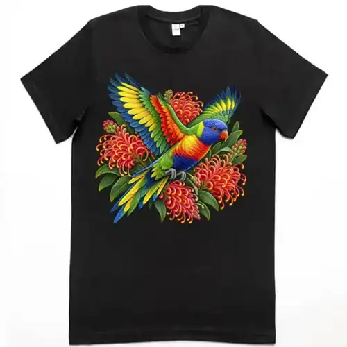 Rainbow Lorikeet with Grevillea printed on a black Premium Men’s T-Shirt, design by Australia Art Prints
