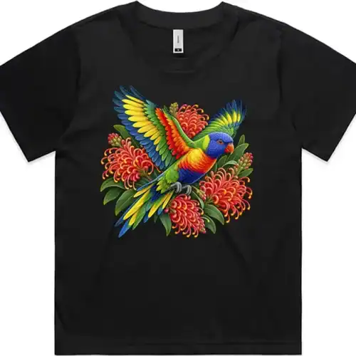 Black women’s Martina T-shirt with a rainbow lorikeet among red grevillea printed on the front