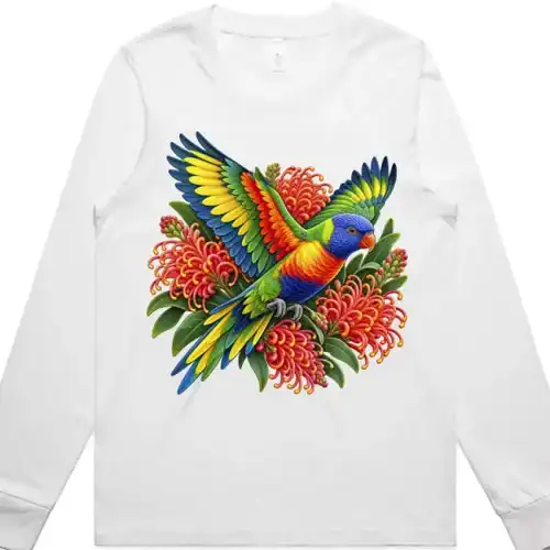 Rainbow Lorikeet with Grevillea printed on a white Women’s Long Sleeve T-Shirt, design by Australia Art Prints