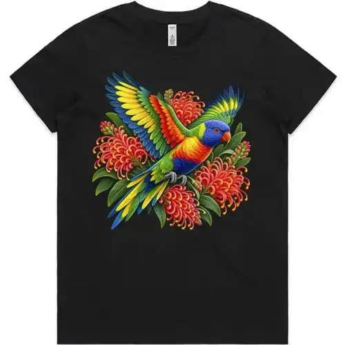 Black women’s T-shirt printed on the front with a rainbow lorikeet among red grevillea