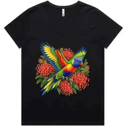 Rainbow Lorikeet with Grevillea printed on a black Women’s V-Neck T-Shirt, design by Australia Art Prints