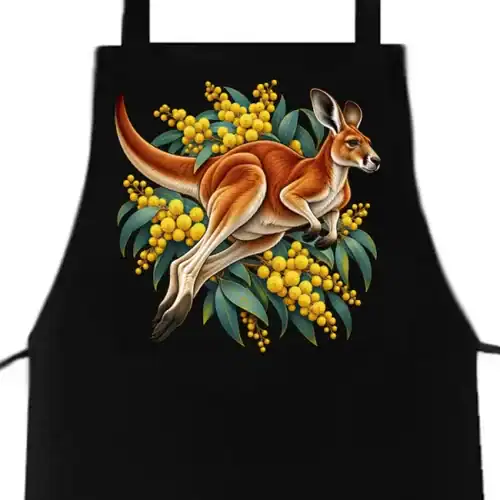 Red Kangaroo and Golden Wattle printed on a black Apron, design by Australia Art Prints