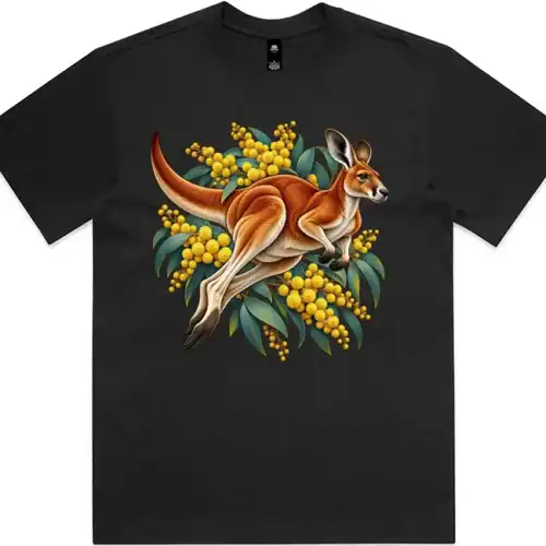 Red Kangaroo and Golden Wattle printed on a black Boxy T-Shirt, design by Australia Art Prints