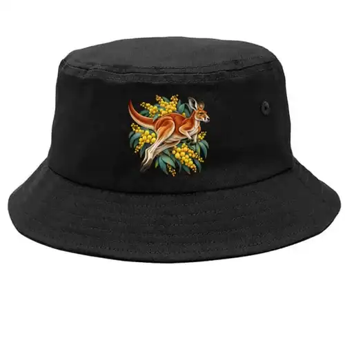 Red Kangaroo and Golden Wattle printed on a black Bucket Hat, design by Australia Art Prints