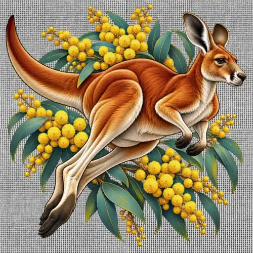 Red Kangaroo and Golden Wattle printed on a white Cross Stitch Canvas, design by Australia Art Prints