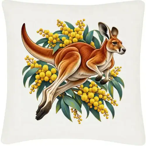 Red Kangaroo and Golden Wattle printed on an off white Cushion Cover, design by Australia Art Prints