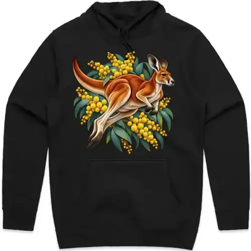 Red Kangaroo and Golden Wattle printed on a black Hoodie, design by Australia Art Prints