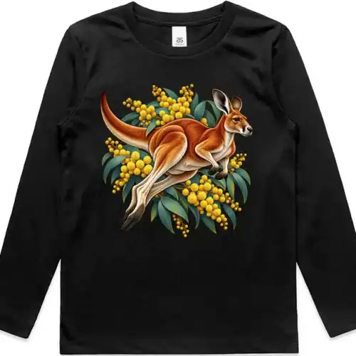 Red Kangaroo and Golden Wattle printed on a black Kids Long Sleeve T-Shirt, design by Australia Art Prints