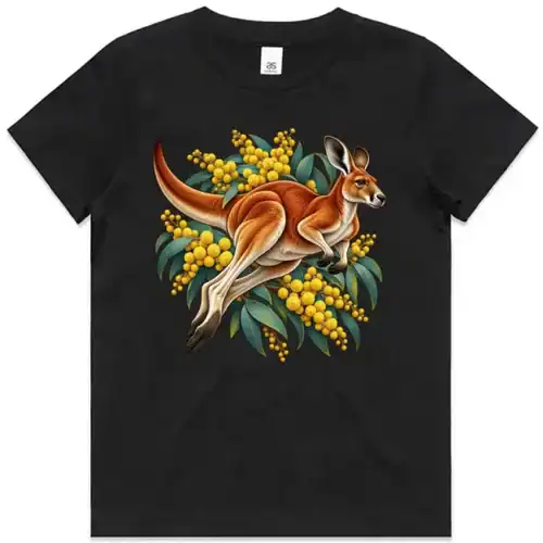 Red Kangaroo and Golden Wattle printed on a black Kids T-Shirt, design by Australia Art Prints