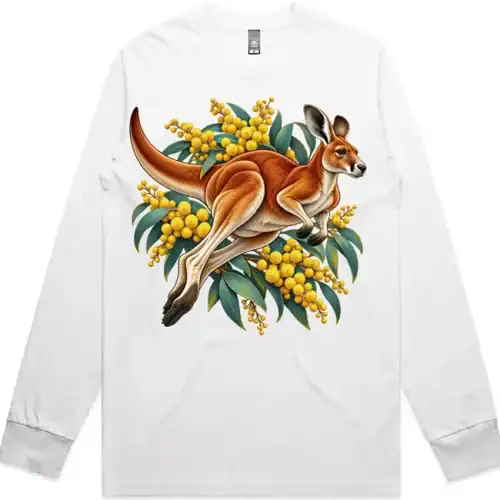 Red Kangaroo and Golden Wattle printed on a white Long Sleeve T-Shirt, design by Australia Art Prints