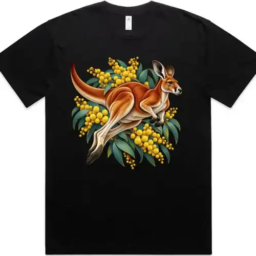 Red Kangaroo and Golden Wattle printed on a black Oversized T-Shirt, design by Australia Art Prints