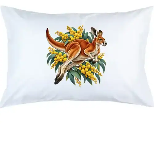 Red Kangaroo and Golden Wattle printed on a white Pillow Case, design by Australia Art Prints
