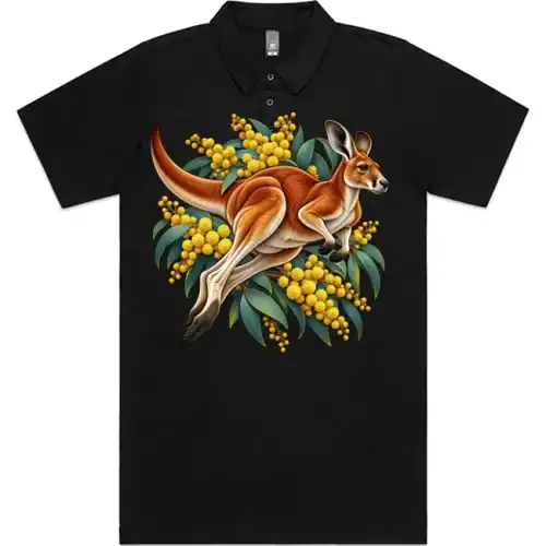 Red Kangaroo and Golden Wattle printed on a black Polo Shirt, design by Australia Art Prints