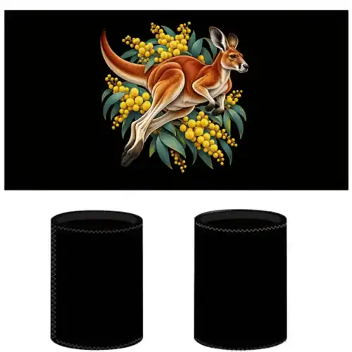 Red Kangaroo and Golden Wattle printed on a black Stubby Holder, design by Australia Art Prints