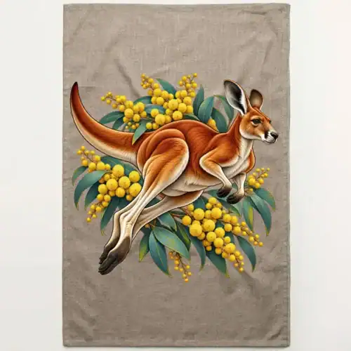Red Kangaroo and Golden Wattle printed on a flax Tea Towel, design by Australia Art Prints