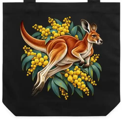 Red Kangaroo and Golden Wattle printed on a black Tote Bag, design by Australia Art Prints