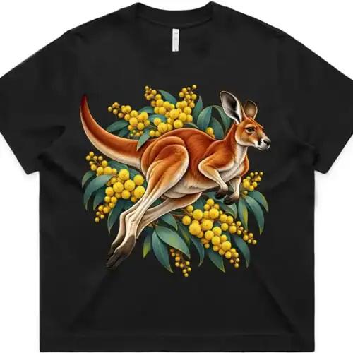 Red Kangaroo and Golden Wattle printed on a black Women’s Boxy T-Shirt, design by Australia Art Prints