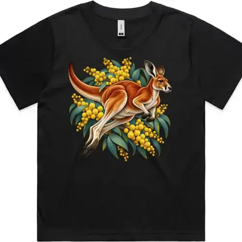Red Kangaroo and Golden Wattle printed on a black Women’s Fitted T-Shirt, design by Australia Art Prints