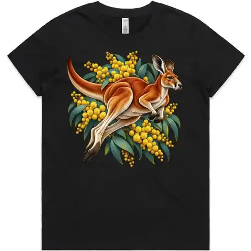 Red Kangaroo and Golden Wattle printed on a black Women’s T-Shirt, design by Australia Art Prints