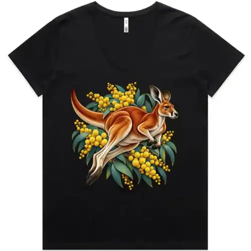 Red Kangaroo and Golden Wattle printed on a black Women’s V-Neck T-Shirt, design by Australia Art Prints