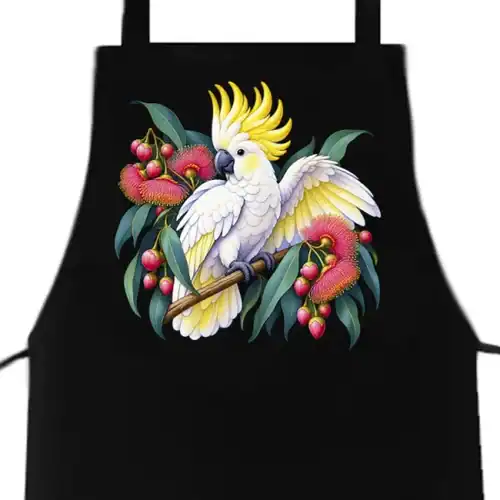 Sulphur-crested Cockatoo in Bloom printed on a black Apron, design by Australia Art Prints