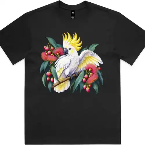 Sulphur-crested Cockatoo in Bloom printed on a black Boxy T-Shirt, design by Australia Art Prints