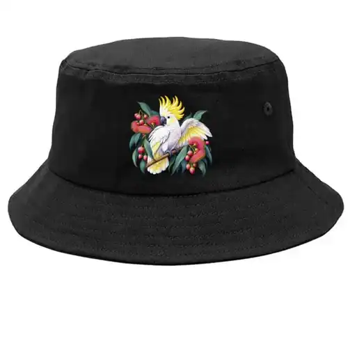 Sulphur-crested Cockatoo in Bloom printed on a black Bucket Hat, design by Australia Art Prints