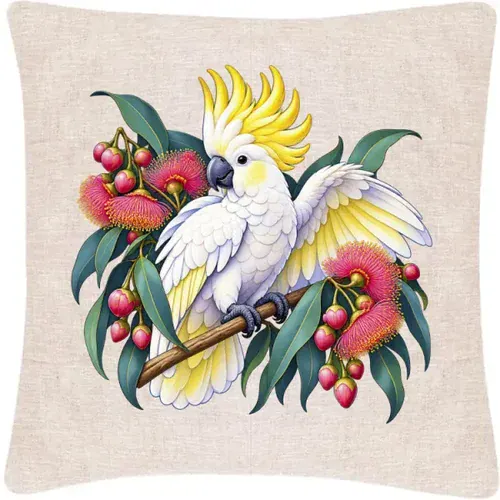 Sulphur-crested Cockatoo in Bloom printed on an oatmeal Cushion Cover, design by Australia Art Prints